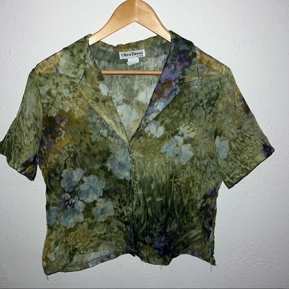 Ultra Dres Tops - Ultra Dress Vintage Semi Sheer Green Floral Button Down Blouse Watercolor Size 8